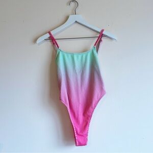 Nasty Gal Crinkle Texture Pink Green Ombre High Leg Swimsuit